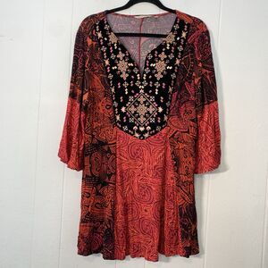 Soft Surroundings Womens XL Suzi Tunic Top Bell Sleeves Velvet Embroidery Boho